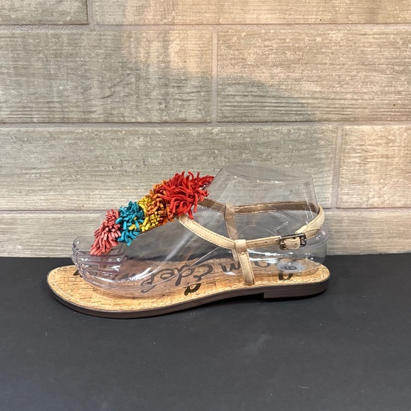Sam Edelman Gates Leather Tan Rainbow Suede‎ Fringe T-Strap Sandals Womens 6.5M - Picture 6 of 8